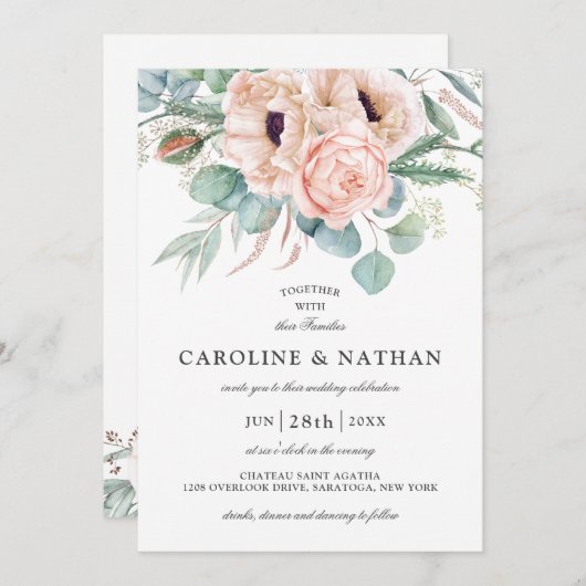 Blush Roze en Beige Waterverf Bloemen bruiloft Kaart (Voorkant / Achterkant)