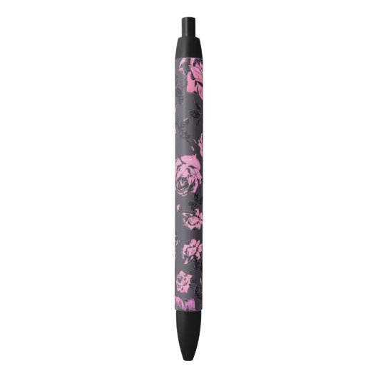 Blush roze en Black Floral Print Rustige Rozen Zwarte Inkt Pen (Voorkant Verticaal)
