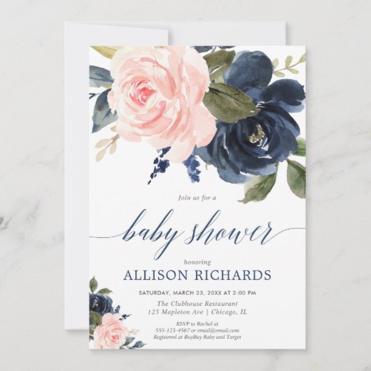 Blush roze en blauw blauw meisje baby shower kaart (Voorkant)