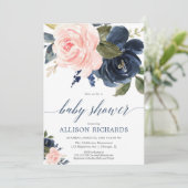 Blush roze en blauw blauw meisje baby shower kaart (Staand voorkant)