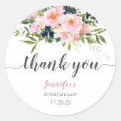 Blush Roze en Blauw Floral Classic Ronde Sticker (Voorkant)
