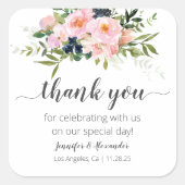 Blush Roze en Blauwe bloemen Vierkante Sticker (Voorkant)