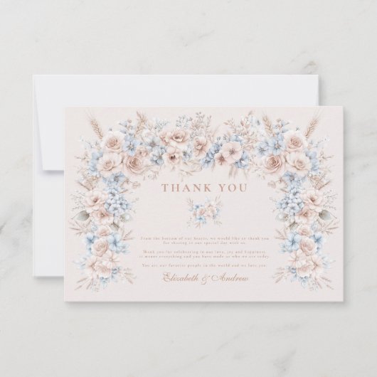 Blush Roze en Blauwe Waterverf Bloemenbruiloft Bedankkaart (Voorkant)