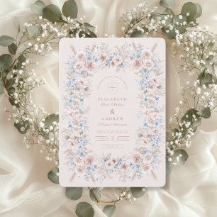 Blush Roze en Blauwe Waterverf Bloemenbruiloft Kaart