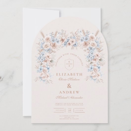 Blush Roze en Blauwe Waterverf Bloemenbruiloft Kaart (Voorkant)