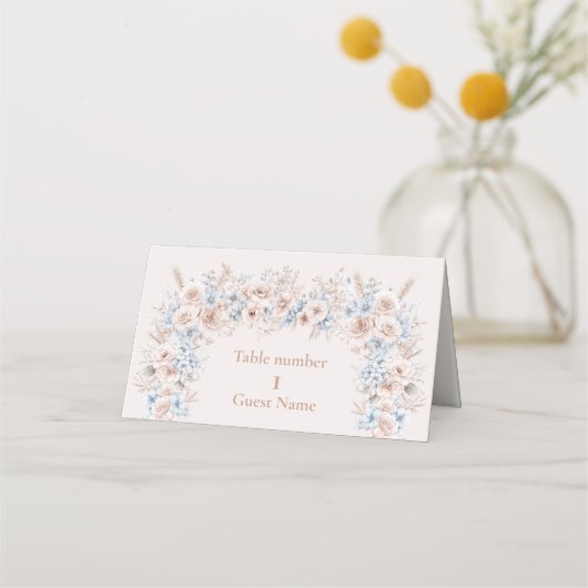 Blush Roze en Blauwe Waterverf Bloemenbruiloft Plaatskaartje (Voorkant)