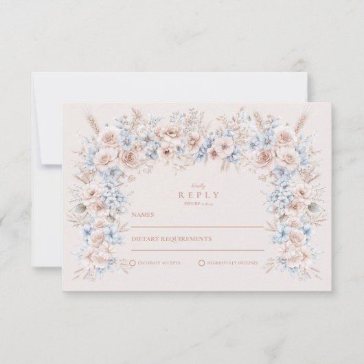 Blush Roze en Blauwe Waterverf Bloemenbruiloft RSVP Kaartje (Voorkant)
