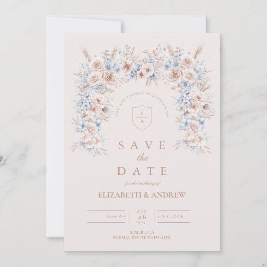 Blush Roze en Blauwe Waterverf Bloemenbruiloft Save The Date (Voorkant)