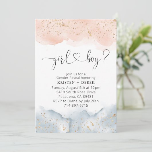 Blush Roze en Blauwe Waterverf Gender Reveal Kaart (Staand voorkant)