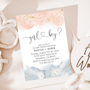 Blush Roze en Blauwe Waterverf Gender Reveal Kaart