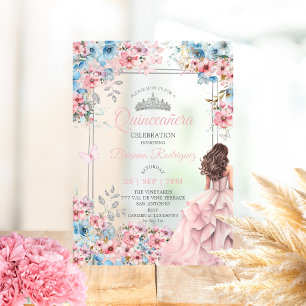 Blush Roze en Blauwe Zilveren Bloemige Quinceañera Acryl Uitnodigingen