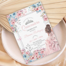 Blush Roze en Blauwe Zilveren Bloemige Quinceañera