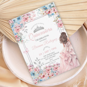 Blush Roze en Blauwe Zilveren Bloemige Quinceañera Kaart