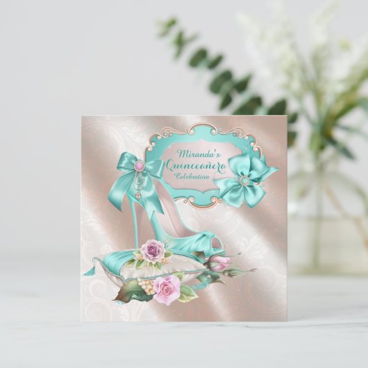 Blush Roze en Blauwgroen Hoge Hak Shoe Quinceanera Kaart (Staand voorkant)