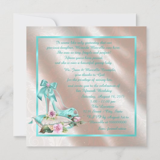Blush Roze en Blauwgroen Hoge Hak Shoe Quinceanera Kaart (Achterkant)