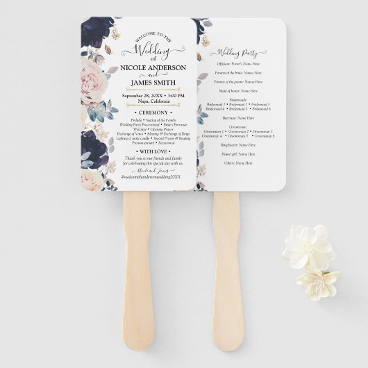 Blush roze en Blue Botanical Floral Wedding Handwaaier (Voorkant en achterkant)