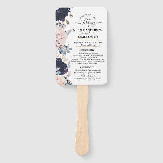 Blush roze en Blue Botanical Floral Wedding Handwaaier (Voorkant)