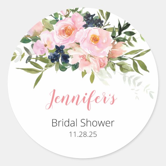 Blush roze en Blue Floral Ronde Sticker (Voorkant)