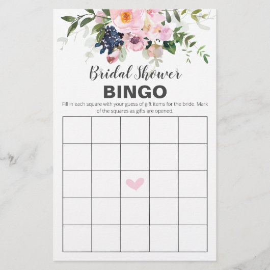 Blush Roze en Blue Flowers Bingo Kaart (Voorkant)