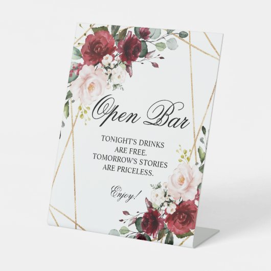 Blush Roze en Bourgogne Roos Open Bar Reclamebord Met Voetstuk (Voorkant)