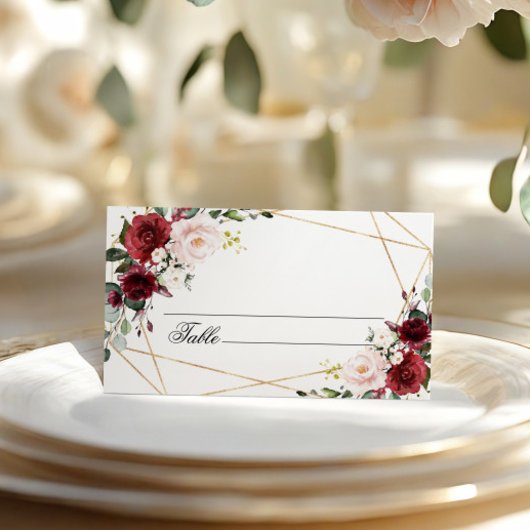 Blush roze en Bourgondische bloemen bruiloft Plaatskaartje