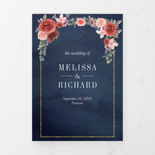 Blush Roze en Bourgondische Bloemen Marine Blauw B Drieluik Uitnodiging (Cover)