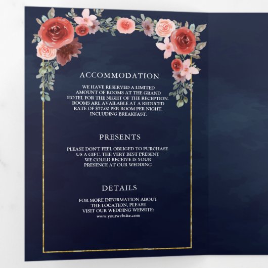 Blush Roze en Bourgondische Bloemen Marine Blauw B Drieluik Uitnodiging (Binnenzijde eerst)