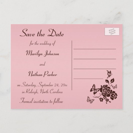 Blush Roze en bruine Floral Save the Date Kaart (Achterkant)