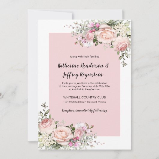 Blush Roze en Cream Waterverf Rozen Bruiloft Kaart (Voorkant)