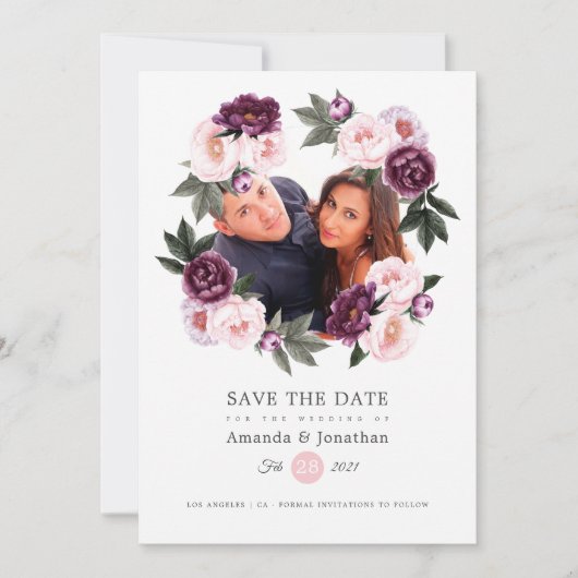 Blush Roze en Diep Fluwelen Foto Bruiloft Save The Date (Voorkant)