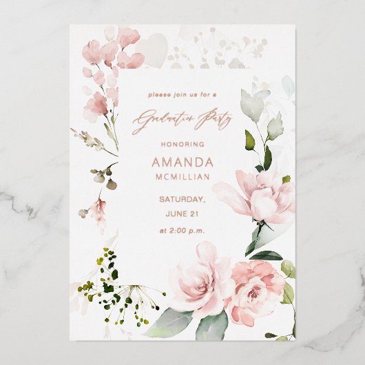 Blush roze en eucalyptus Floral Gradual Party Folie Uitnodiging (Voorkant)