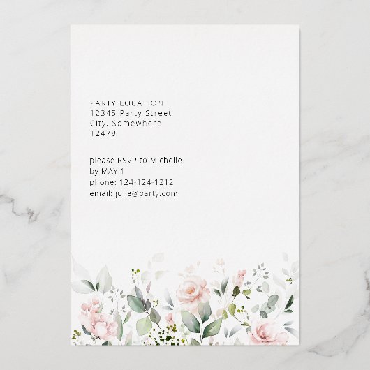 Blush roze en eucalyptus Floral Gradual Party Folie Uitnodiging (Achterkant)