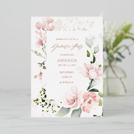 Blush roze en eucalyptus Floral Gradual Party Folie Uitnodiging (Staand Voorkant)
