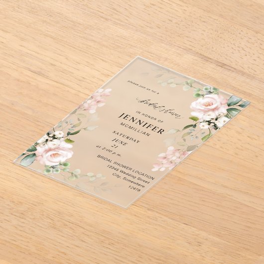 Blush Roze en Eucalyptus Floral Vrijgezellenfeest Acryl Uitnodigingen (Laagn)