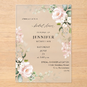 Blush Roze en Eucalyptus Floral Vrijgezellenfeest Acryl Uitnodigingen