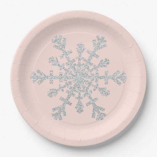 Blush roze en Faux Glitter Silver Snowflake Papieren Bordje (Voorkant)