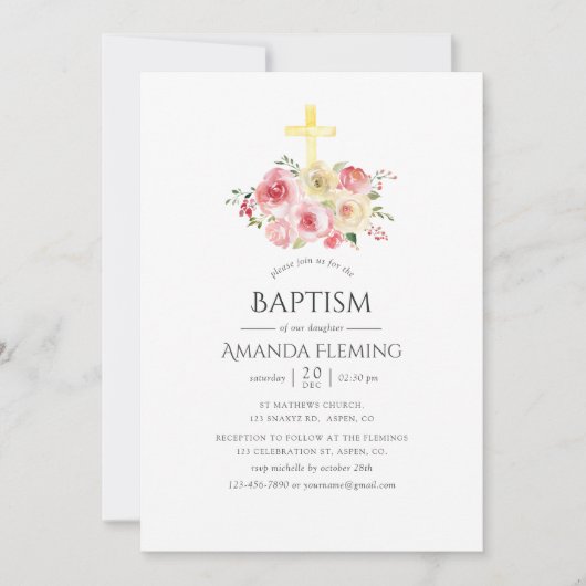 Blush Roze en gele Floral Baptism/Christening Kaart (Voorkant)