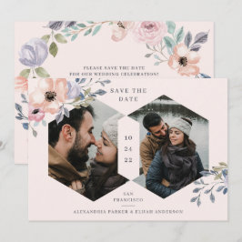 Blush roze en Geometrische Rozen Floral | Twee fot Save The Date
