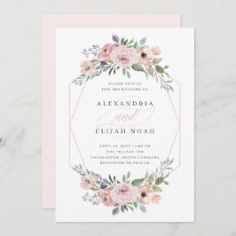 Blush roze en Geometrische Rozen Floral | Weddensc Kaart