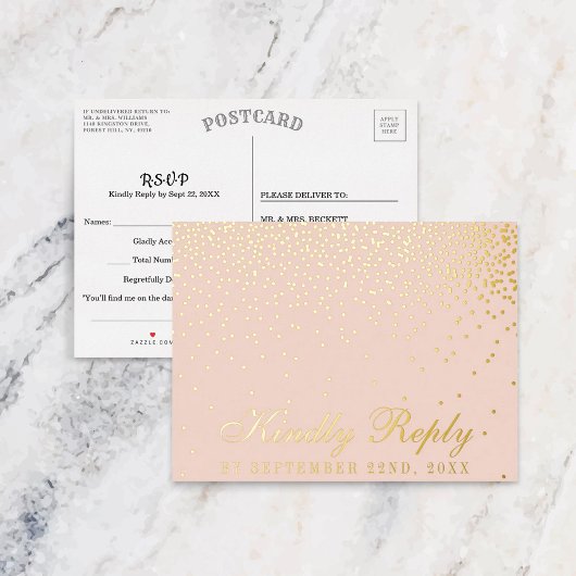 Blush roze en Glam Confetti Wedding RSVP Real Folie Uitnodiging Briefkaart