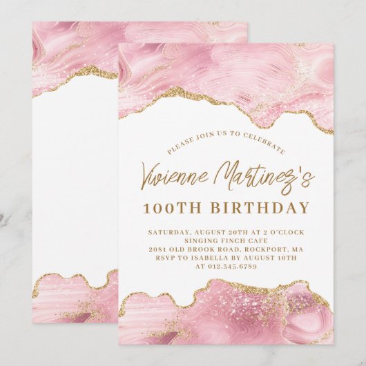 Blush roze en Gold Agate 100th Birthday Kaart (Voorkant / Achterkant)
