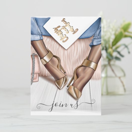 Blush roze en Gold Fashionista Bachelorette Invit Kaart (Staand voorkant)