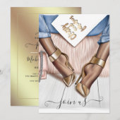 Blush roze en Gold Fashionista Bachelorette Invit Kaart (Voorkant / Achterkant)