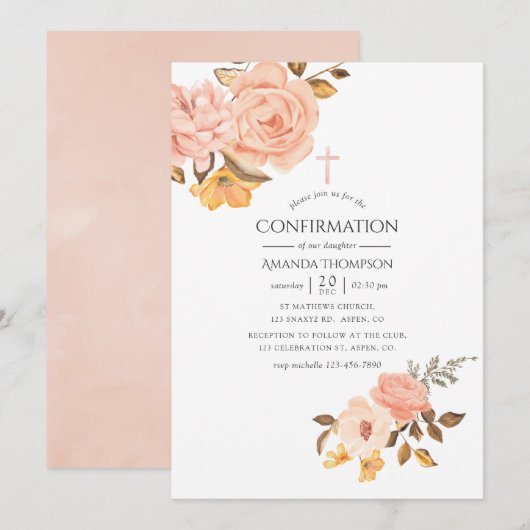 Blush roze en Gold Floral bevestiging Kaart (Voorkant / Achterkant)