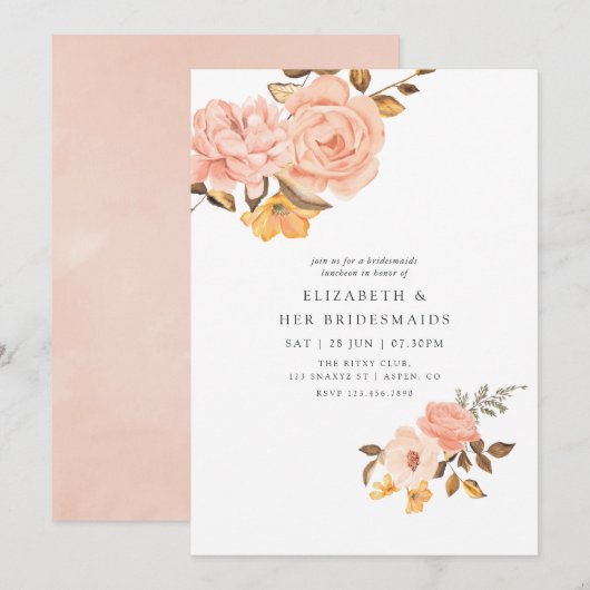 Blush roze en Gold Floral Bridesmaids Luncheon Kaart (Voorkant / Achterkant)