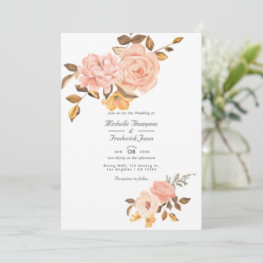 Blush roze en Gold Floral QR Code RSVP Weddenschap Kaart (Staand voorkant)
