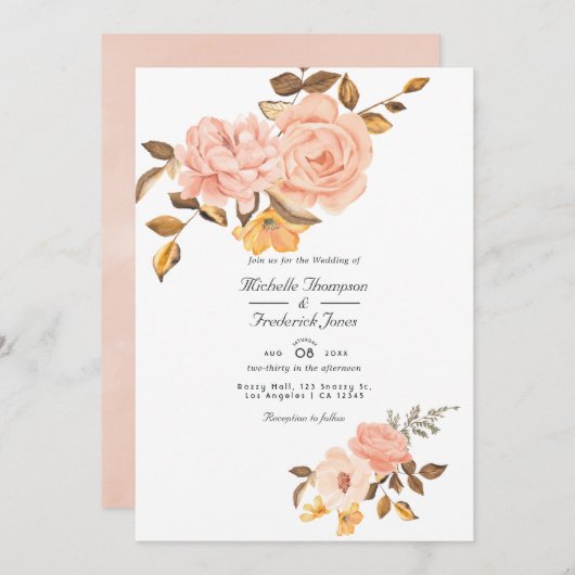 Blush roze en Gold Floral QR Code RSVP Weddenschap Kaart (Voorkant / Achterkant)