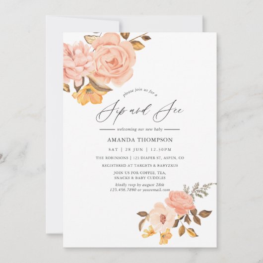 Blush roze en Gold Floral Sip en See Party Kaart (Voorkant)