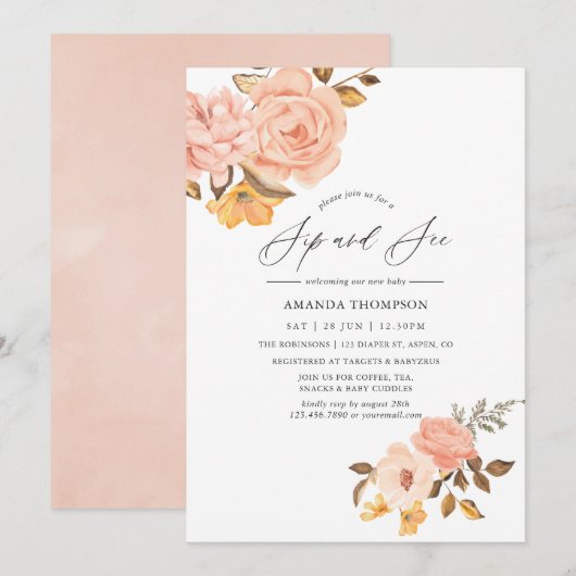 Blush roze en Gold Floral Sip en See Party Kaart (Voorkant / Achterkant)