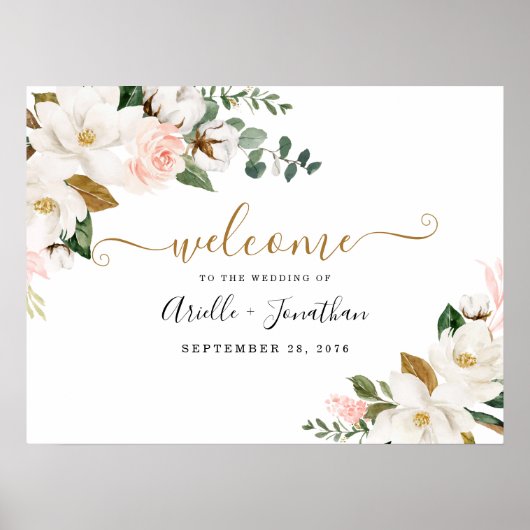 Blush roze en Gold Floral Weddenschap Welkomstteke Poster (Voorkant)